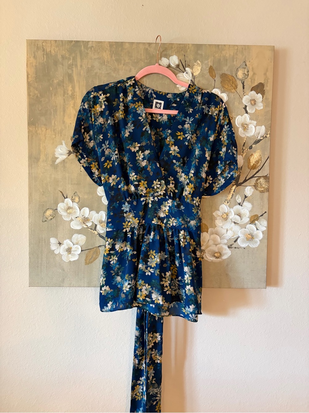 Floral V-Neck Blue Women’s Blouse with Waist Tie